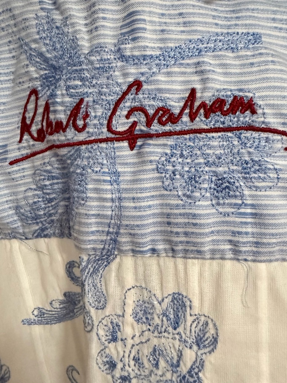 Robert Graham Light Blue & White Striped Shirt with Red Script